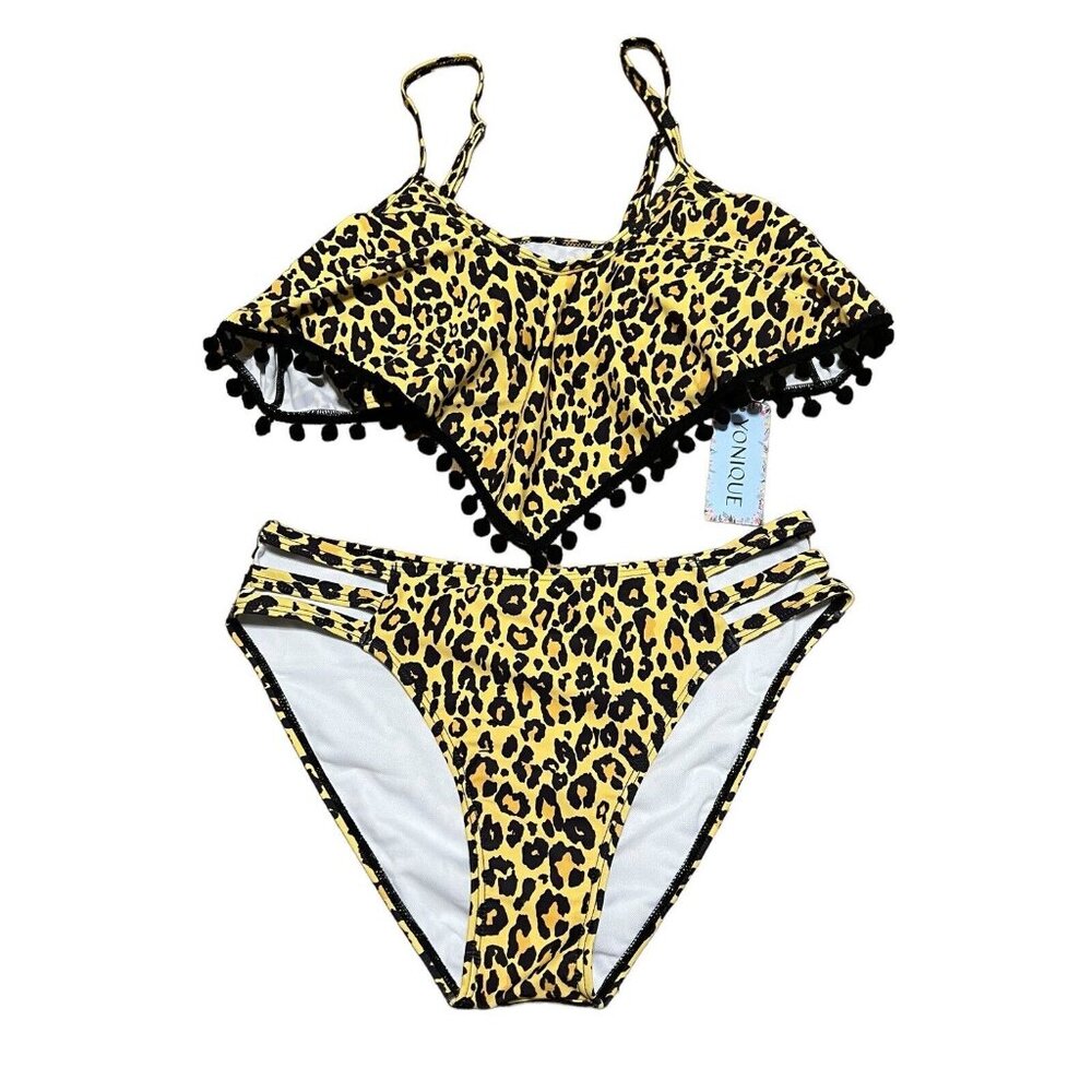 Yonique Womens Yellow & Black Swimsuit 2 Piece Bikini Top & Bottoms Size Medium